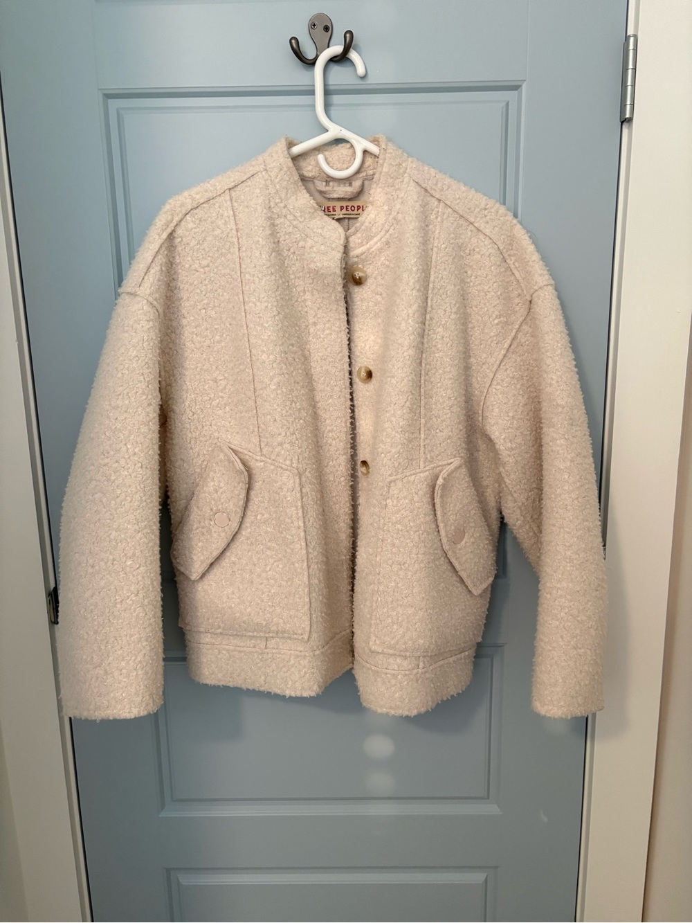 Free People Cream Textured Bouclé Collarless Jacket